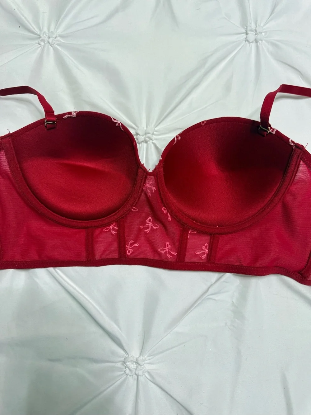 Jessica Simpson Red Longline Strapless Bra with White Bow Embroidery Accents